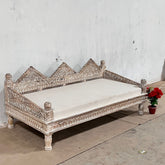 Hand Carved Indian Furniture Solid Hard Wood Rustic White 3 Seater Daybed Sofa